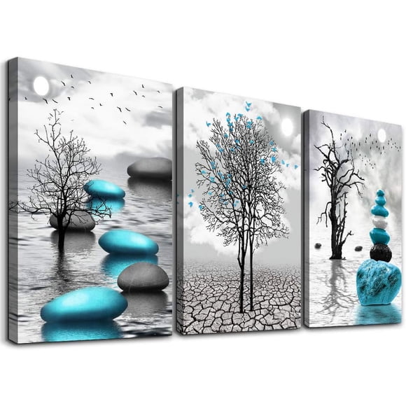 Canvas Wall Art for Living Room Wall Decor for Bedroom Bathroom Black and White Paintings Modern 3 Piece Framed Canvas Art Prints Ready to Hang Inspirational Abstract Blue Pictures Home Decor