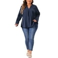 thumbnail image 2 of Agnes Orinda Plus Size Chiffon Top for Women V Neck Long Sleeve Rolled Up Sleeves Pleated Back Shirts Casual Tops 2X Navy Blue, 2 of 5