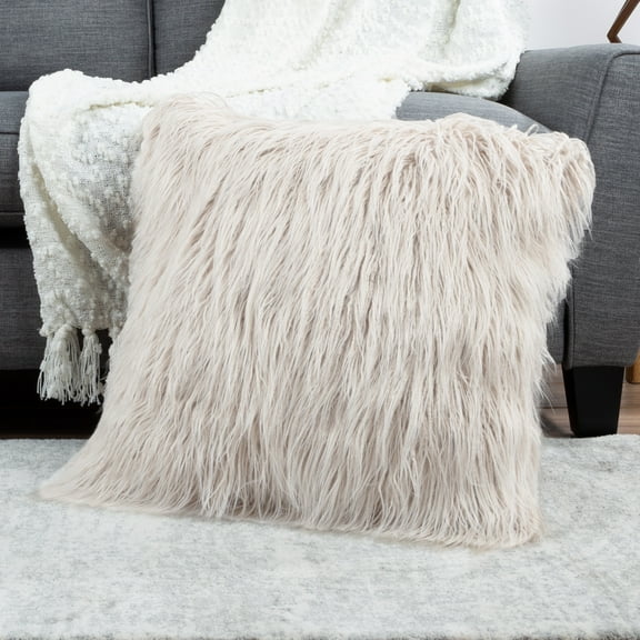Somerset Home Mongolian Faux Fur Pillow – 22” Cover & Insert (Ivory)