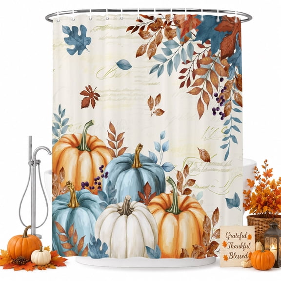 Shower Curtain Bathroom Set Thanksgiving Maple Leaves Pumpkin Waterproof Fabric Shower Curtains with Grommets&Hooks, Ombre Leaf Retro Backdrop Privacy Bath Curtain for Bathtub 36x72in