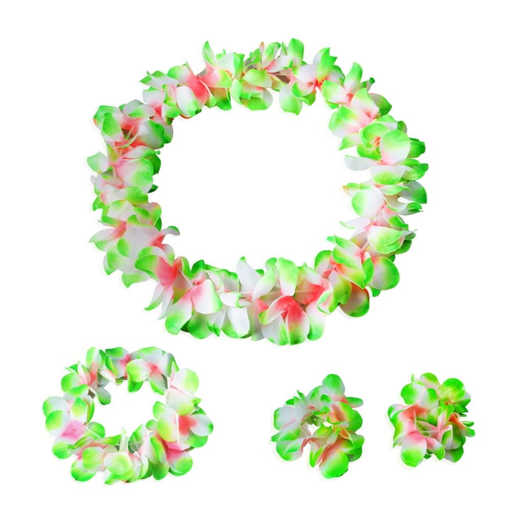 4Pcs/ Set Ruffled Simulated Silk Flower Hawaiian Leis Necklace Bracelets Flower Wreath Headband Floral Garland Crown Women Girls Headwear For Luau Party Supplies Favors (Upgrade Style Green)