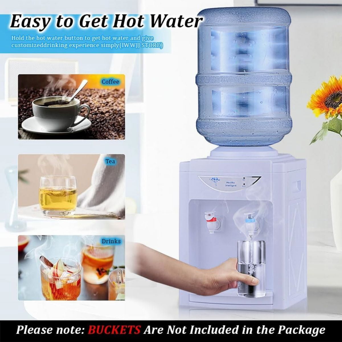 WSYW Top Loading Water Cooler Dispenser Mini Desktop Electric Hot Cold Water Dispenser for 2 to 5 Gallon Bottles Automatic Drinking Machine White