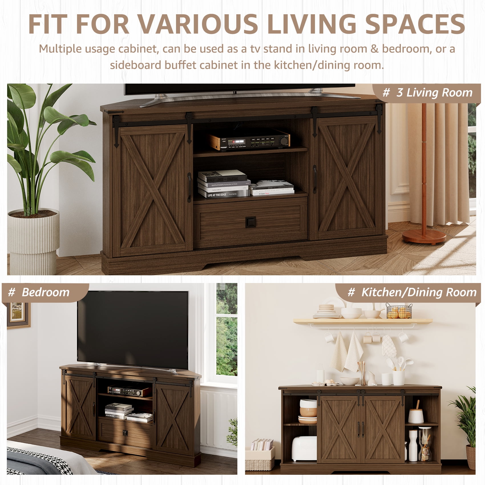 Farmhouse Corner TV Stand for 65" TV – Walnut Wood Entertainment Center with Sliding Barn Door & Storage Shelves – Media Console, 58"w x 15.7"d x 31"h