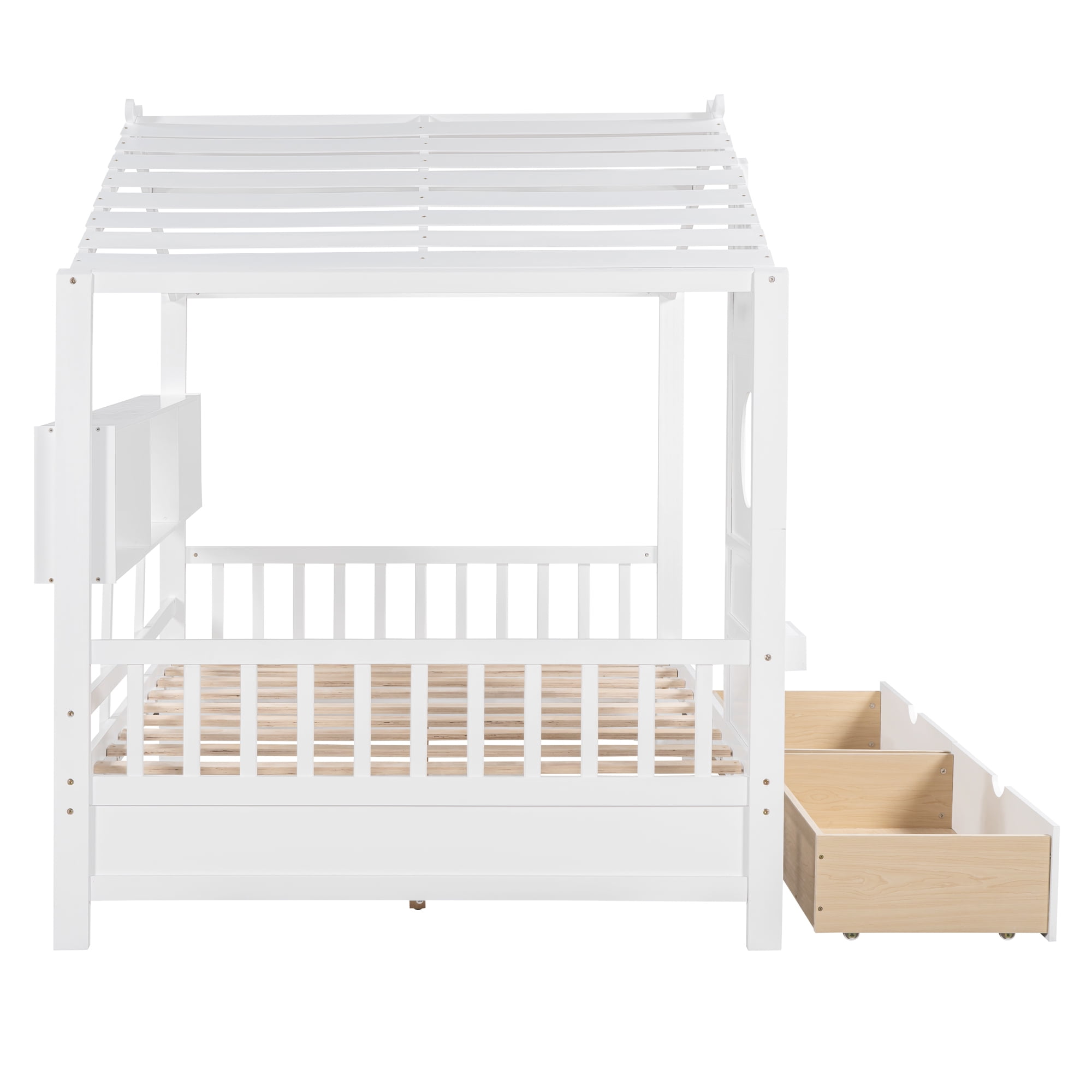 Harper & Bright Designs Full Size House Bed with Roof and Window, Wooden Daybed Frame with Shelves and 2 Drawers for Girls Boys, White
