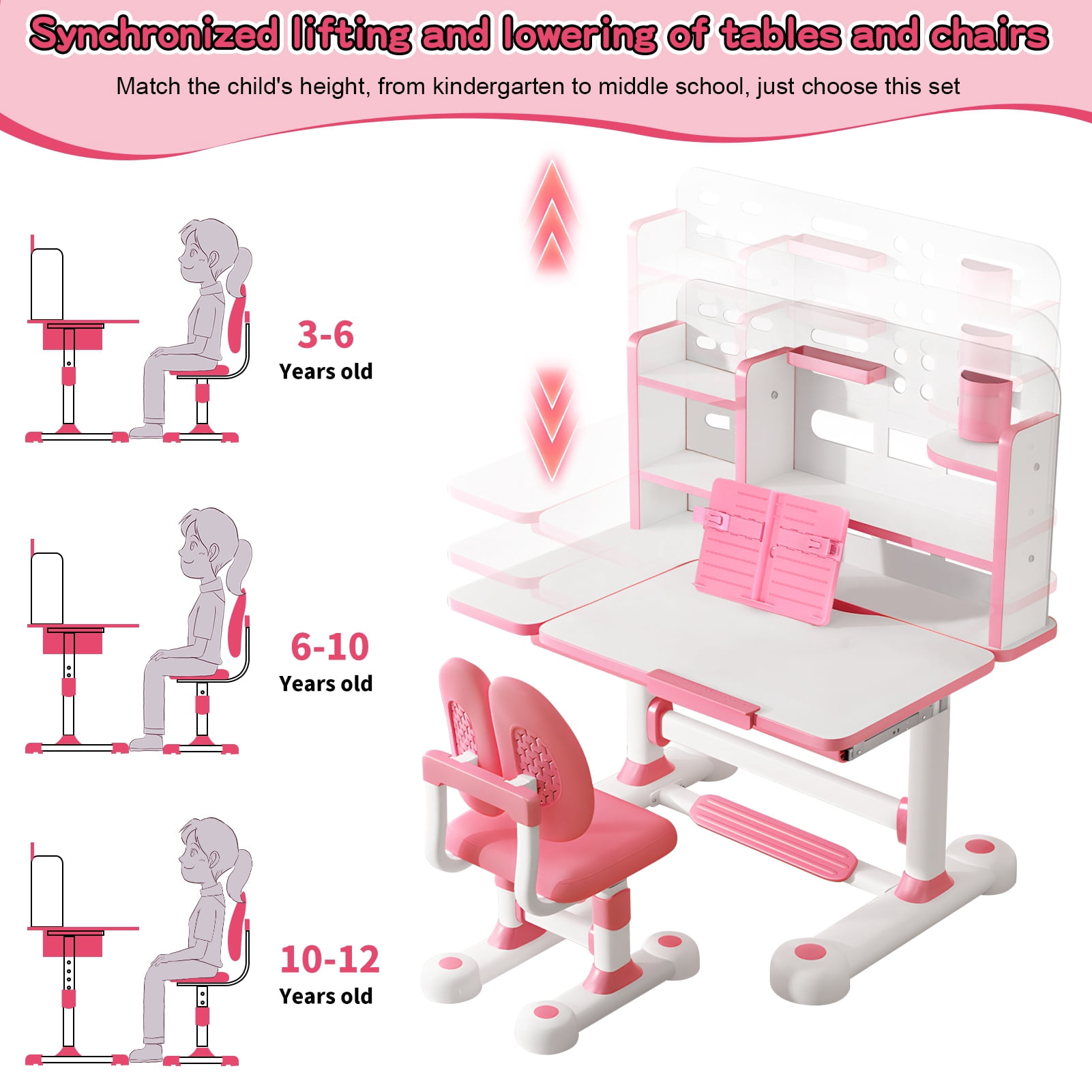 Kid's Study Desk And Chair Set, Height Adjustable Children's Desk And Chair Set with Bookshelf And Storage Drawer, 50-Degree Tiltable Desktop Study Table with Chair for Bedroom Study Room-Pink