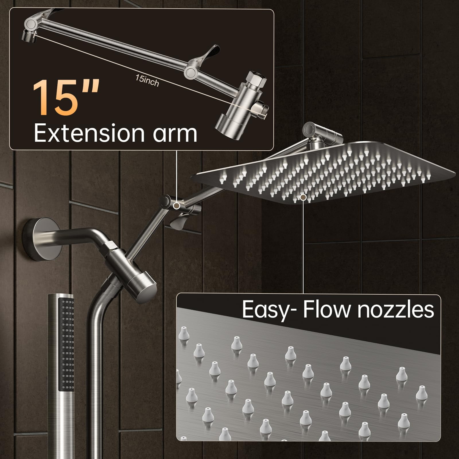 10" Luxurious Brushed Nickel All Metal Rain Shower Head With Handheld Spray Combo  High Rainfall Square Heads Extension Arm Wide Dual Showerhead Bathroom Accessories