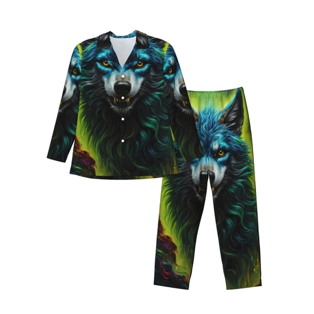 Fotbe Fluorescent Wolf Pijama de Hombre con Estampado de Manga Larga, Conjunto de 2 Piezas, Ropa de Dormir Suave y Cómoda con Bolsillos-XX-Large