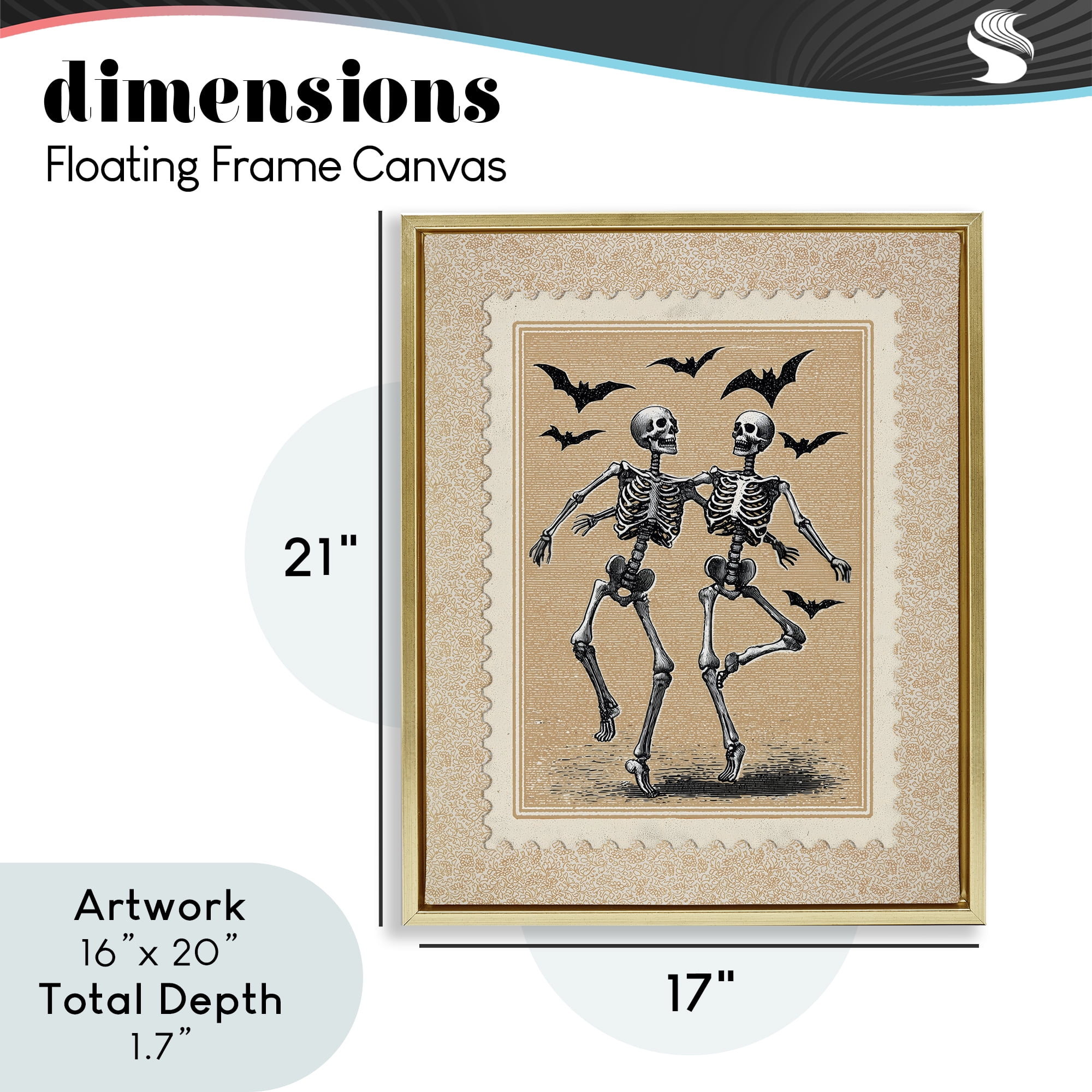Vintage Dancing Skeletons Stamp Gold Framed Floater Canvas Wall Art, design by Arlington Prints