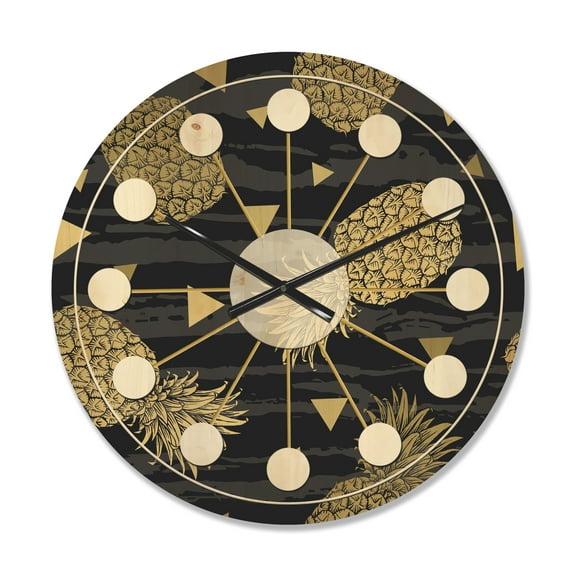 Designart 'Golden Pineapple On Black Horizantal' Mid-Century Modern Wood Wall Clock