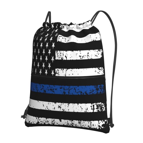 Honeii Thin Blue Line Flag Print Drawstring Backpack,String Bag,Sackpack Cinch Water Resistant Nylon for Gym Shopping Sport Yoga