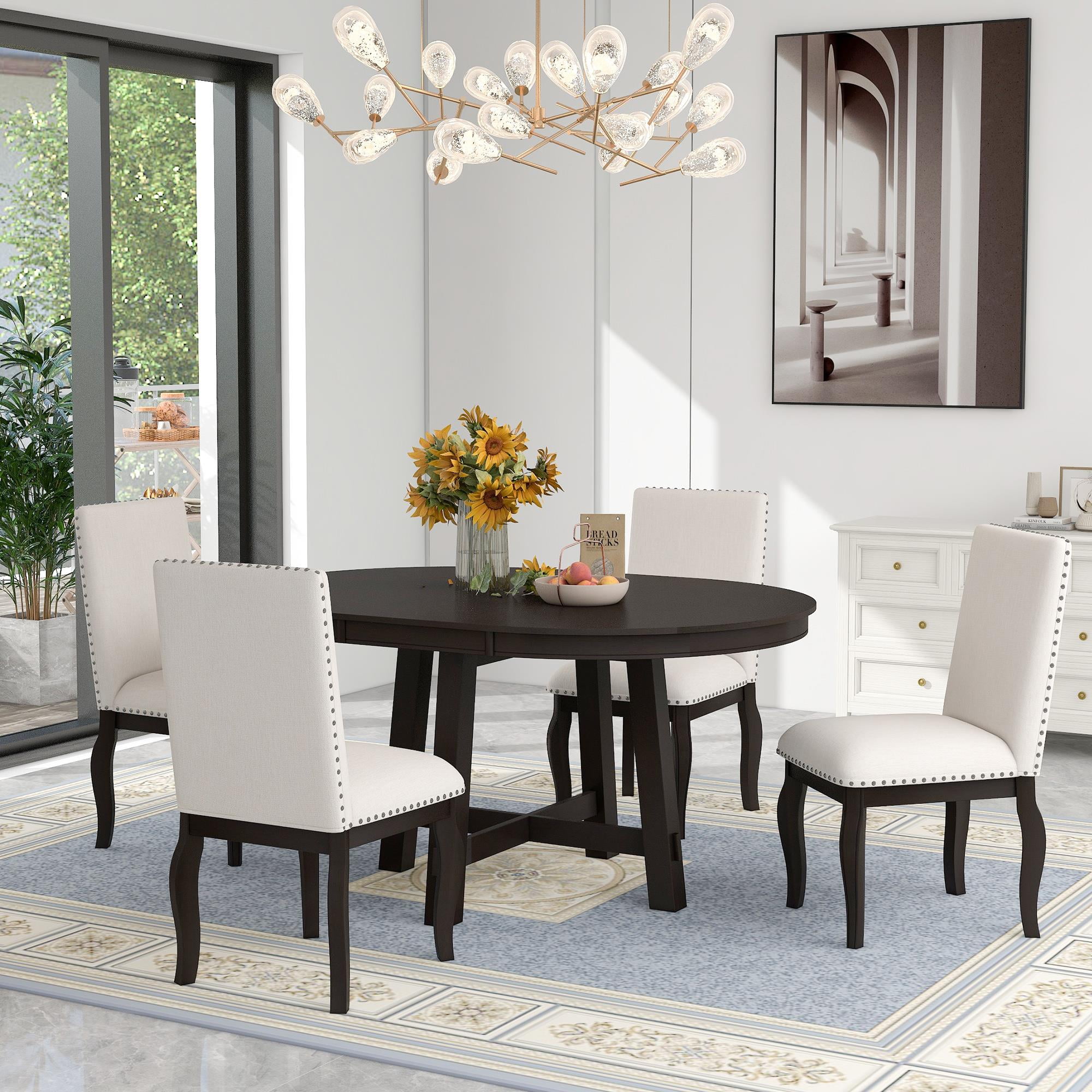 BaytoCare 5Piece Farmhouse Dining Table Set Wood Round Extendable