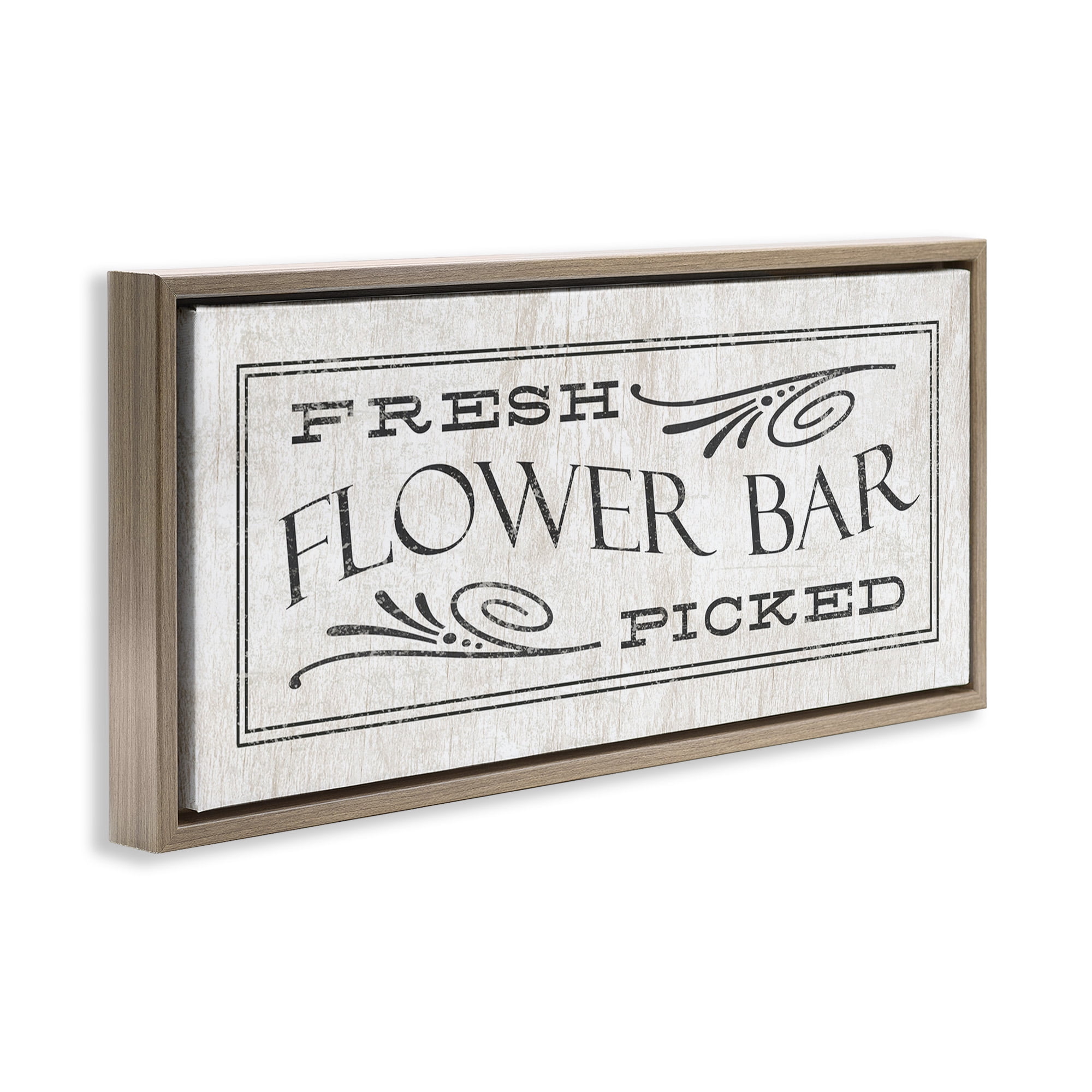 Stupell Industries Fresh Picked Flower Bar Sign Botanical & Floral Painting Brown Floater Framed Canvas Art Print Wall Art, 31 x 14