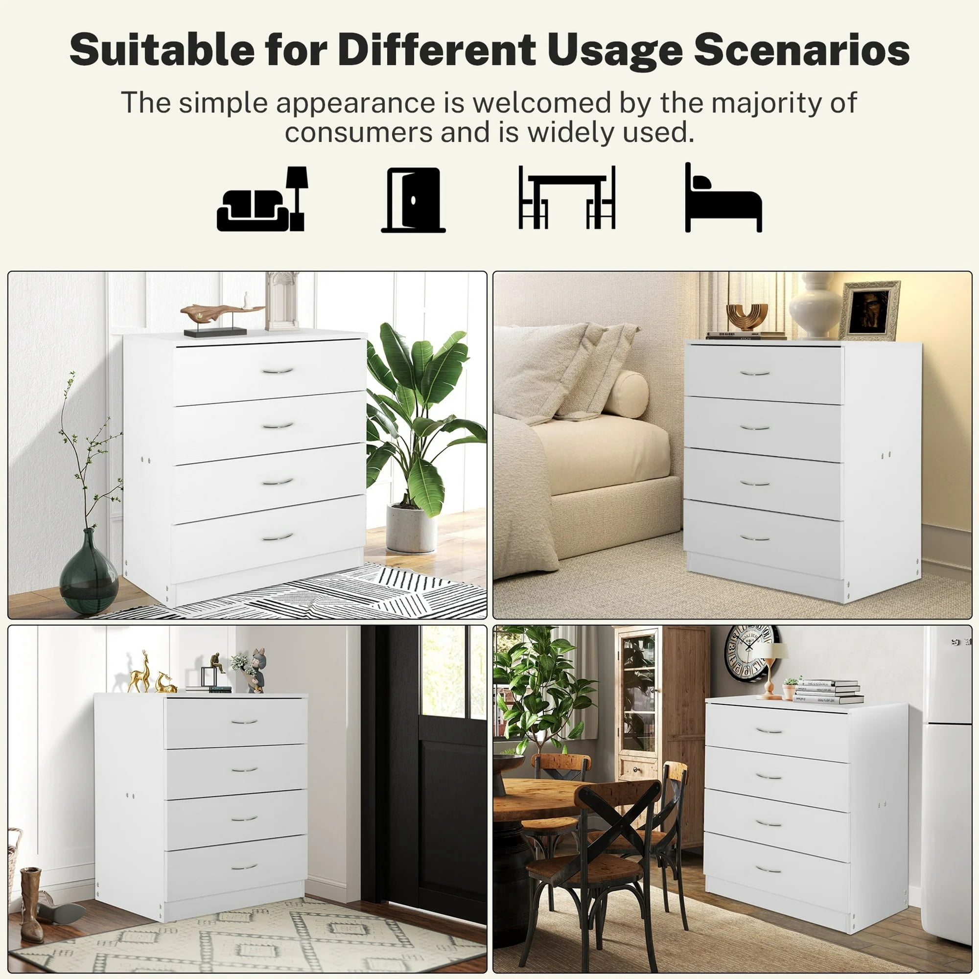 Enyopro 4 Drawer Dresser for Bedroom, White Wooden Chest of Drawers, Modern 4 Drawer Chest Storage Dresser for Closet, Living Room, Hallway