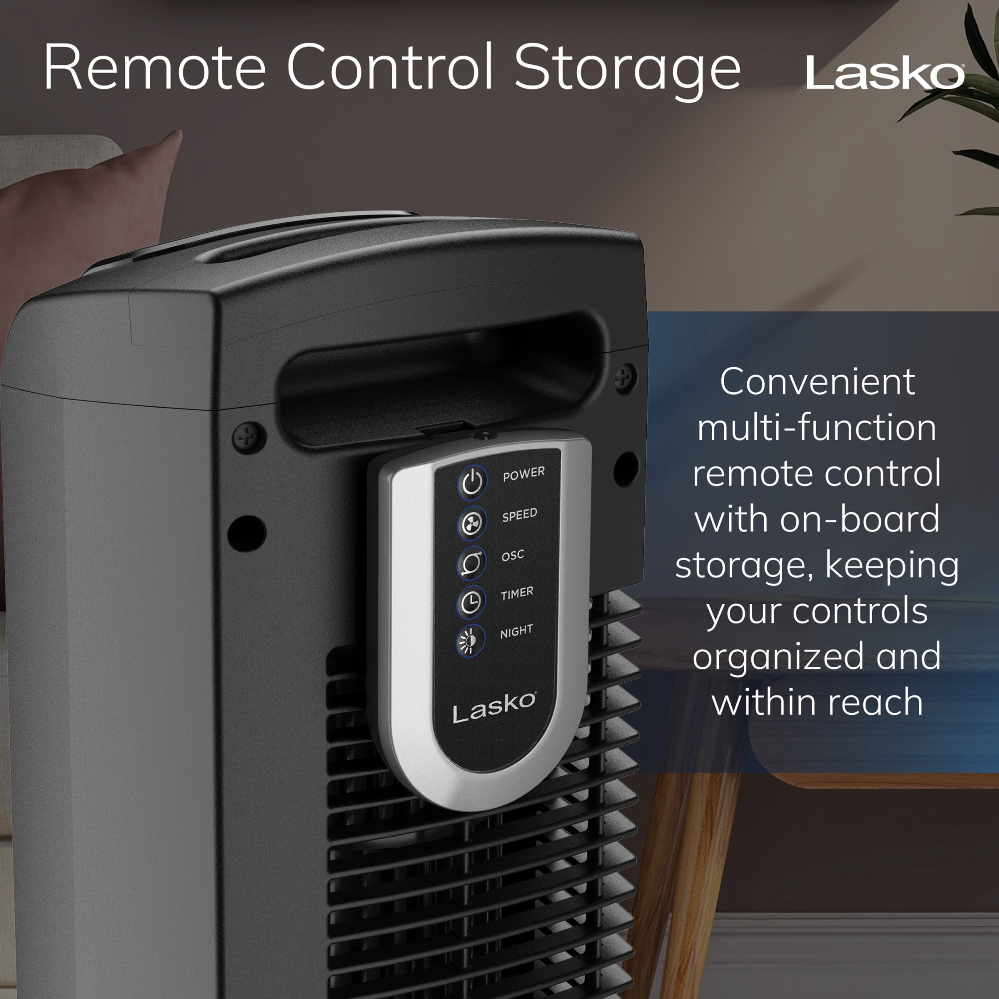 Lasko 36" 3-Speed Oscillating Tower Fan with Night Mode and Remote Control, Black, T36205