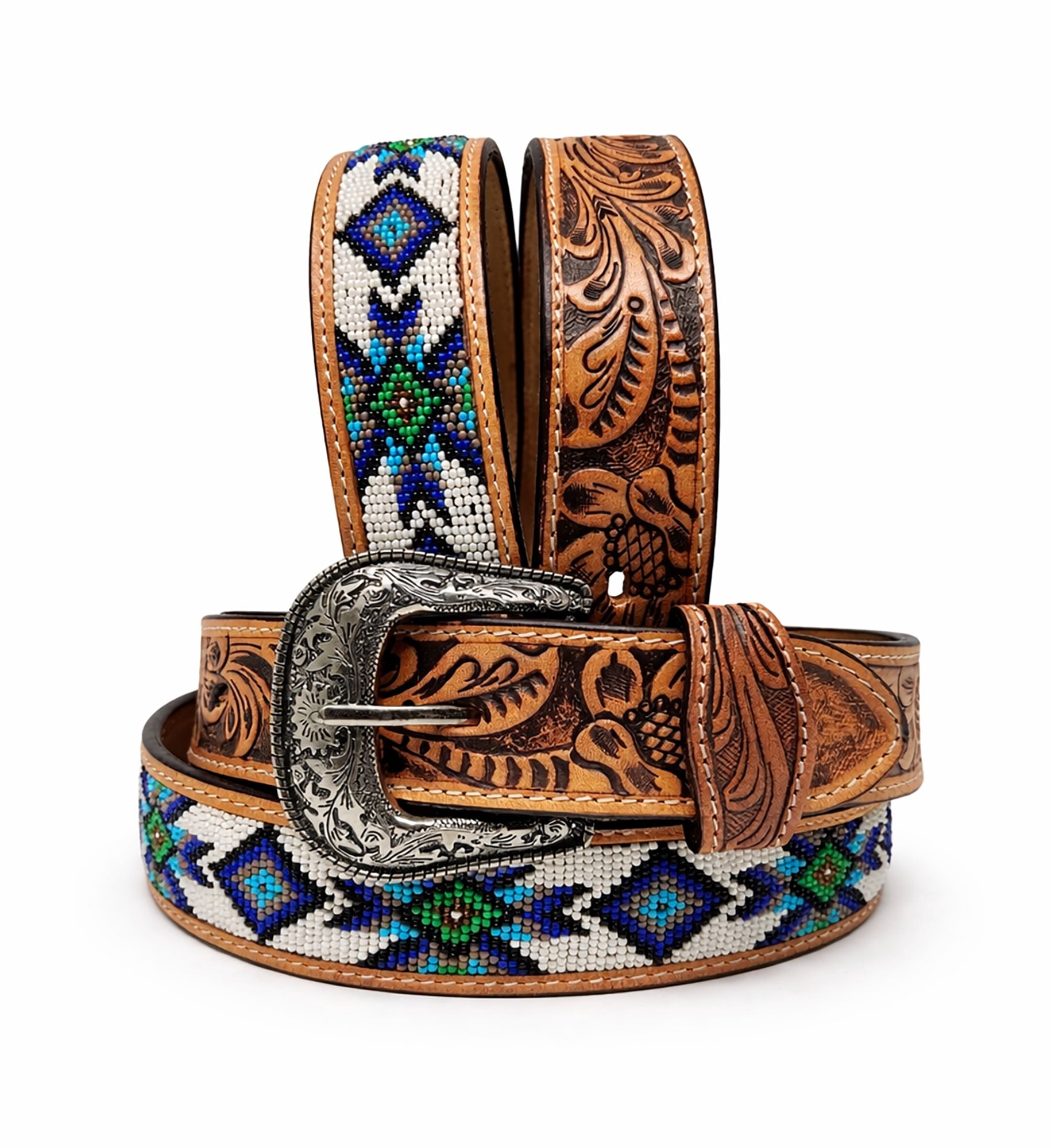 8542 Western Tooled Leather Beaded Belt For Men And Women Honey Hand-Tooled Leather Artesanal Tabs With Silver Studs  main image 2