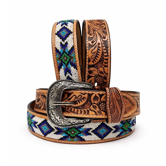 43-44  Unisex 1.5" Western Floral Tooled Beaded Full-Grain Leather Belt 26RT32