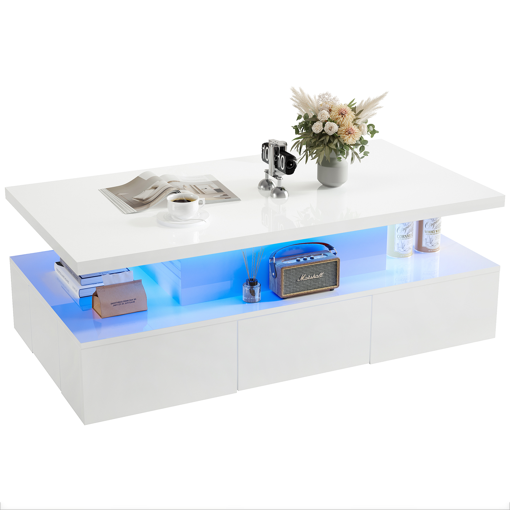 White LED Coffee Table for Living Room, PAPROOS Modern High Glossy Center Table with 4 Drawers, Smart Cocktail Table Rectangle, Sofa Side Tea Tables with LED Lights, 41"L×25"W×16"H