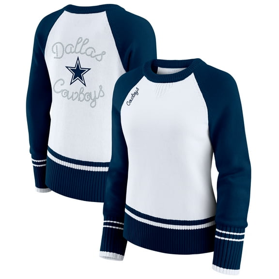 Women's WEAR by Erin Andrews White/Navy Dallas Cowboys Colorblock Raglan Sweater