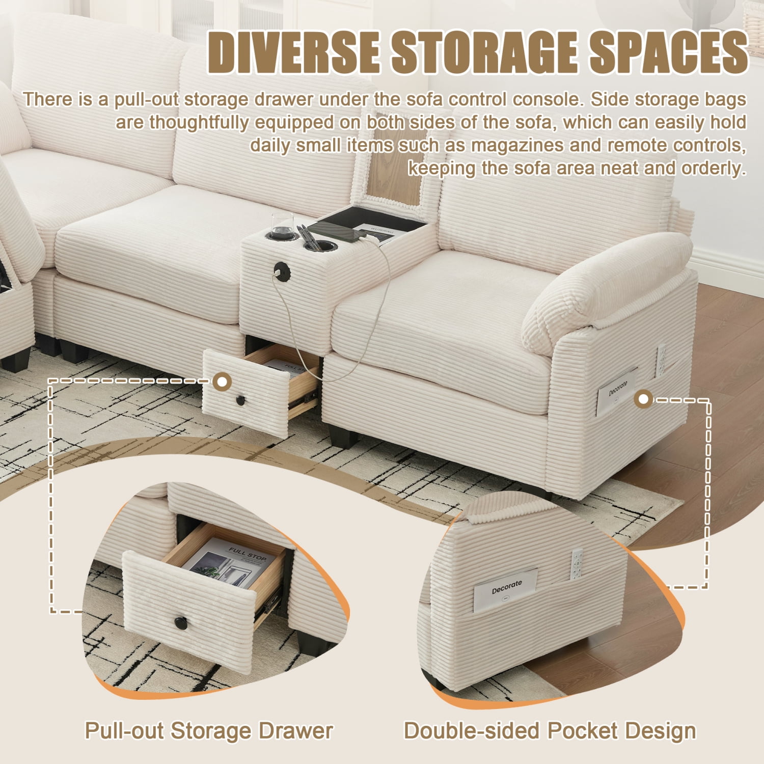 Leumius L-Shaped Sectional Sofa for Living Room,105" Modular 4-Seater Upholstered Sofa Couch with Cup Holder/USB Interface/Storage Box,Beige