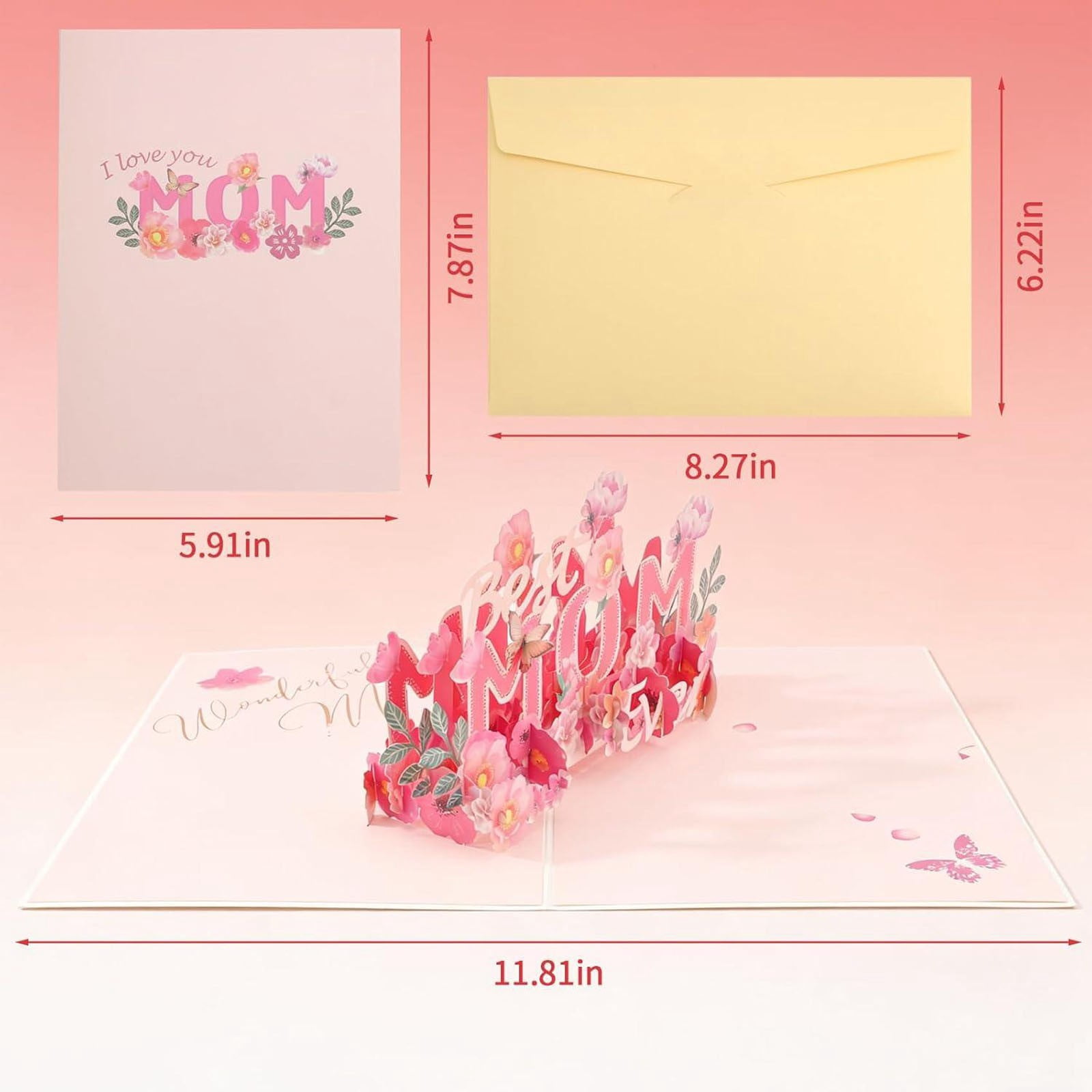 3D Pop Up Mother's Day Card, "Best Mom Ever" Floral Greeting Card with Matching Envelope, I Love You Mom Pop Up Card for Mother's Day, Happy Birthday & Appreciation Mother's Day Card 1Pcs