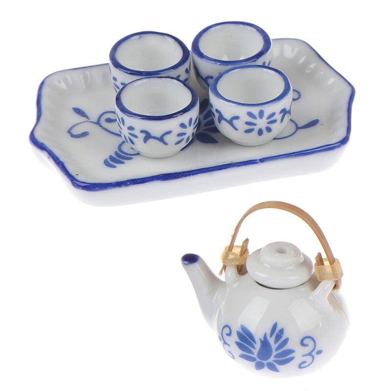 9 PCS Dollhouse Miniature Tea Set Ceramic Porcelain Dish/Cup/Plate Blue Flower 
