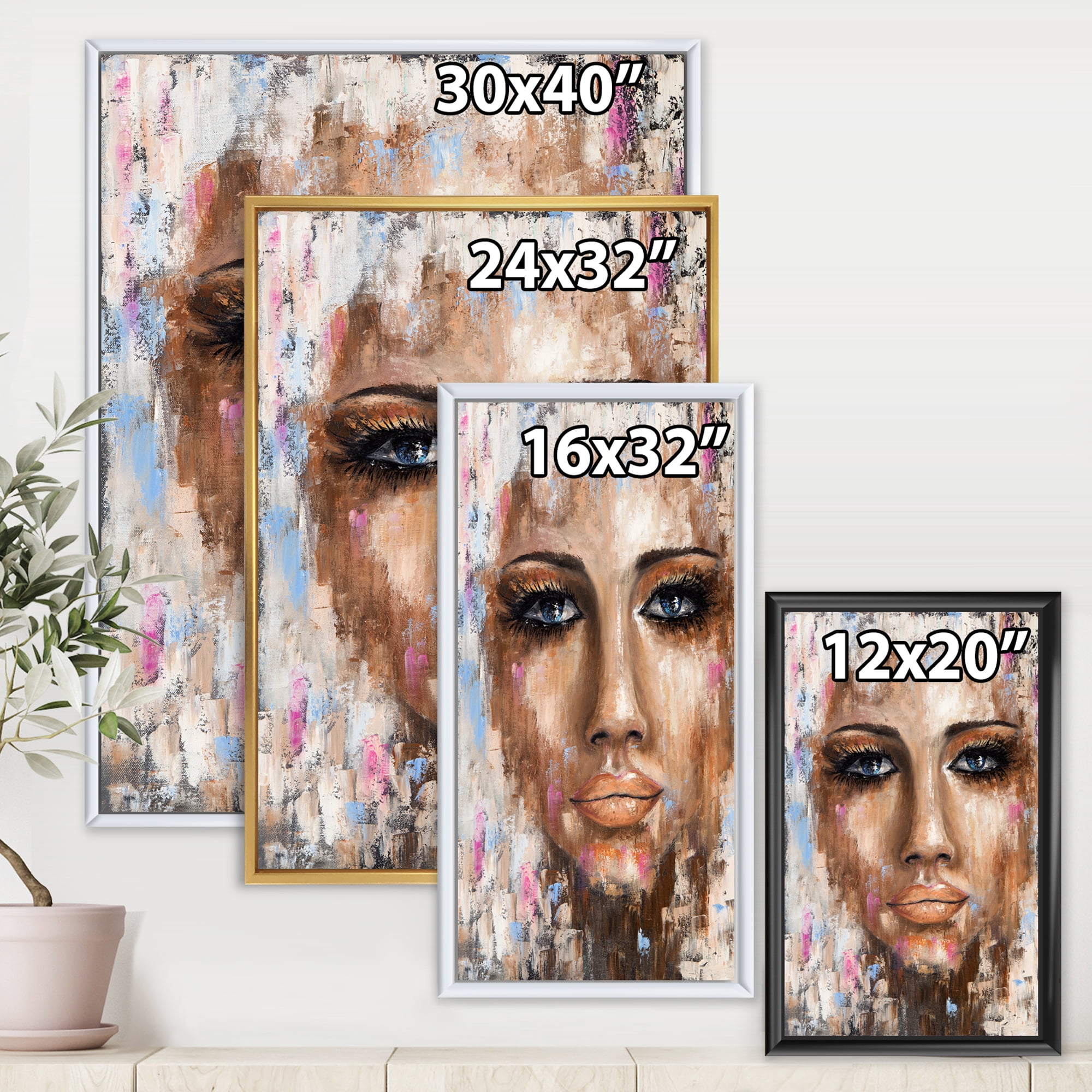 Designart 'Abstract Portrait Of A Young Woman With Blue Eyes I' Modern Framed Canvas Wall Art Print