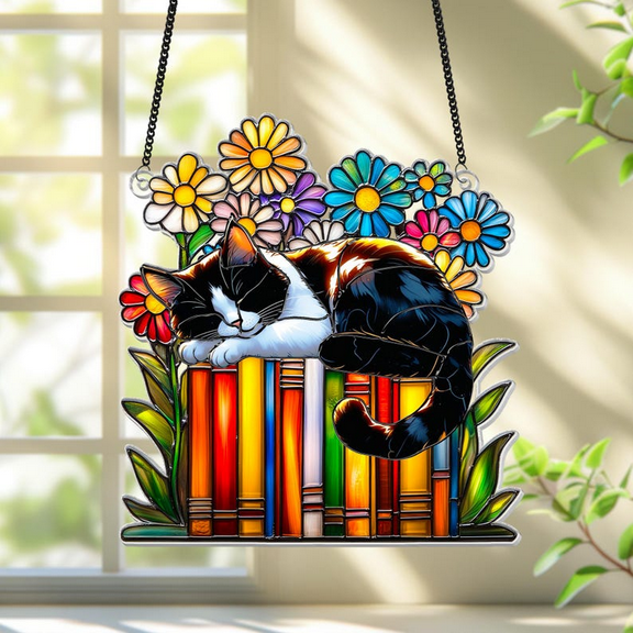 Cat, Book & Flower Acrylic Suncatcher, Perfect Window Decor for Book Lovers, Ver 2