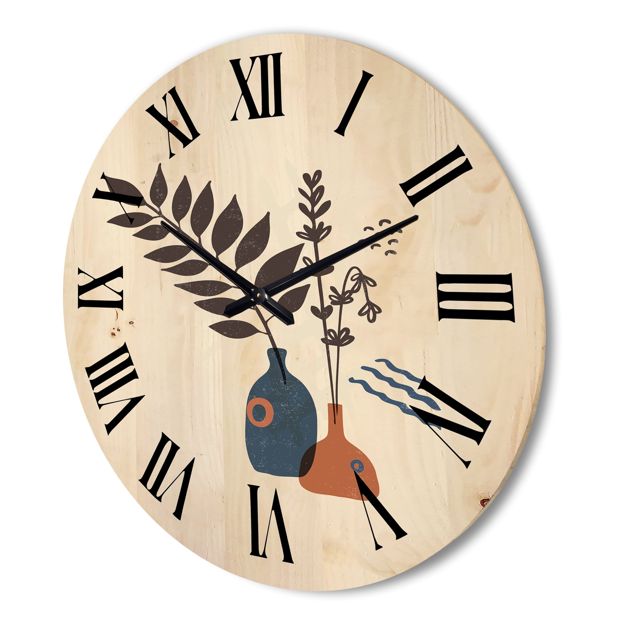 Designart 'Ancient Boho Art Minimalistic Flowers I' Modern Wood Wall Clock