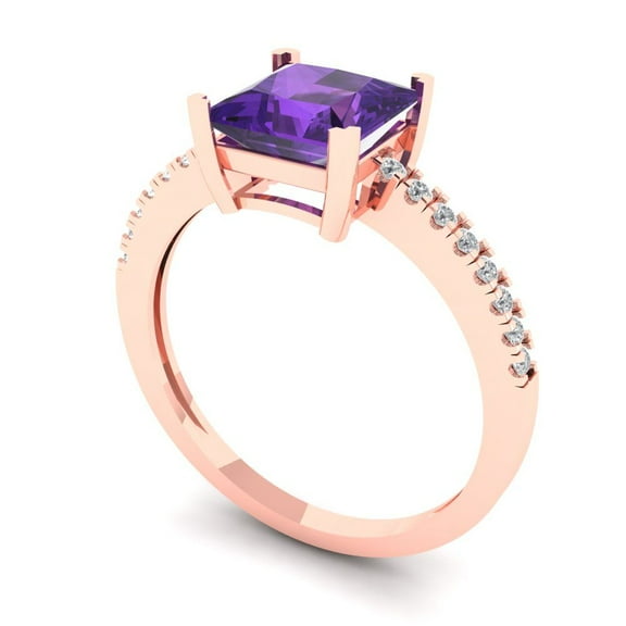 1.62 ct Princess Cut Natural Amethyst Solitaire with Accents Engagement Ring for Women in 18K Rose Gold