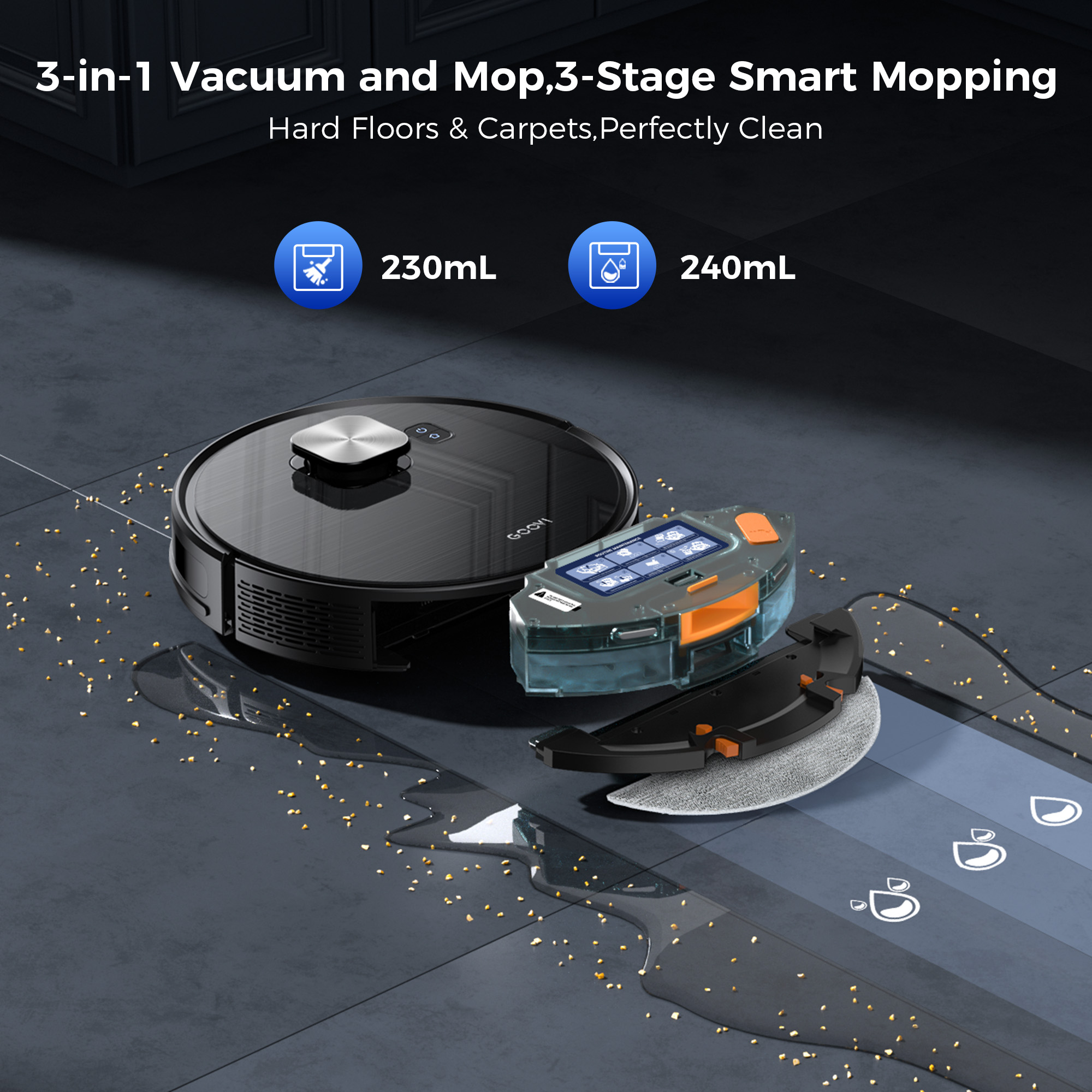 GOOVI Robot Vacuum and Mop 11500pa Suction Robotic Cleaner with Laser Home Mapping and 85 Days Self Empty Station Pet Friendly Anti-Tangle