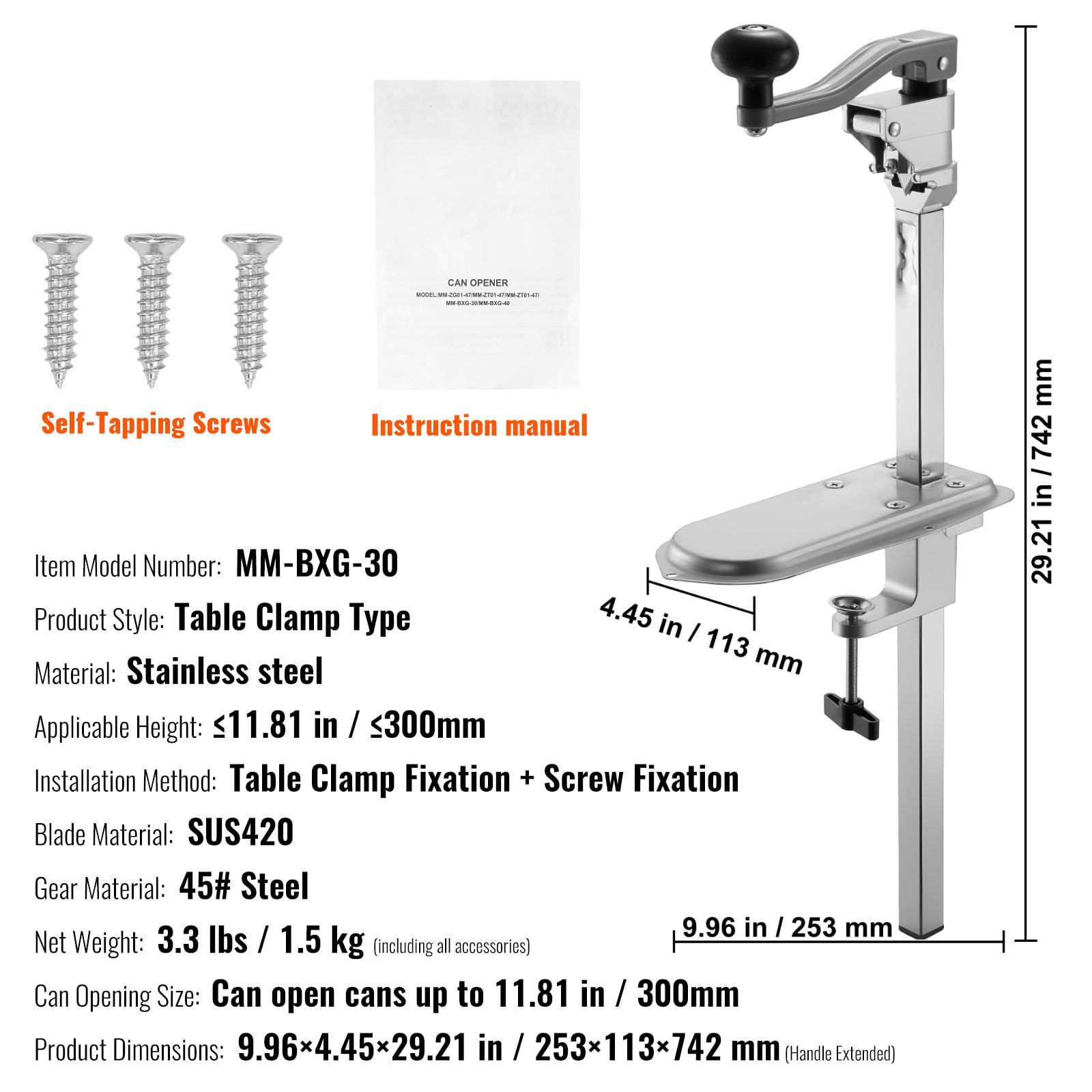 Manual Can Opener Commercial Table Clamp Double Fixation Cast Iron Base Detachable Blade for Bar Hotel Restaurant Kitchen Ship Military