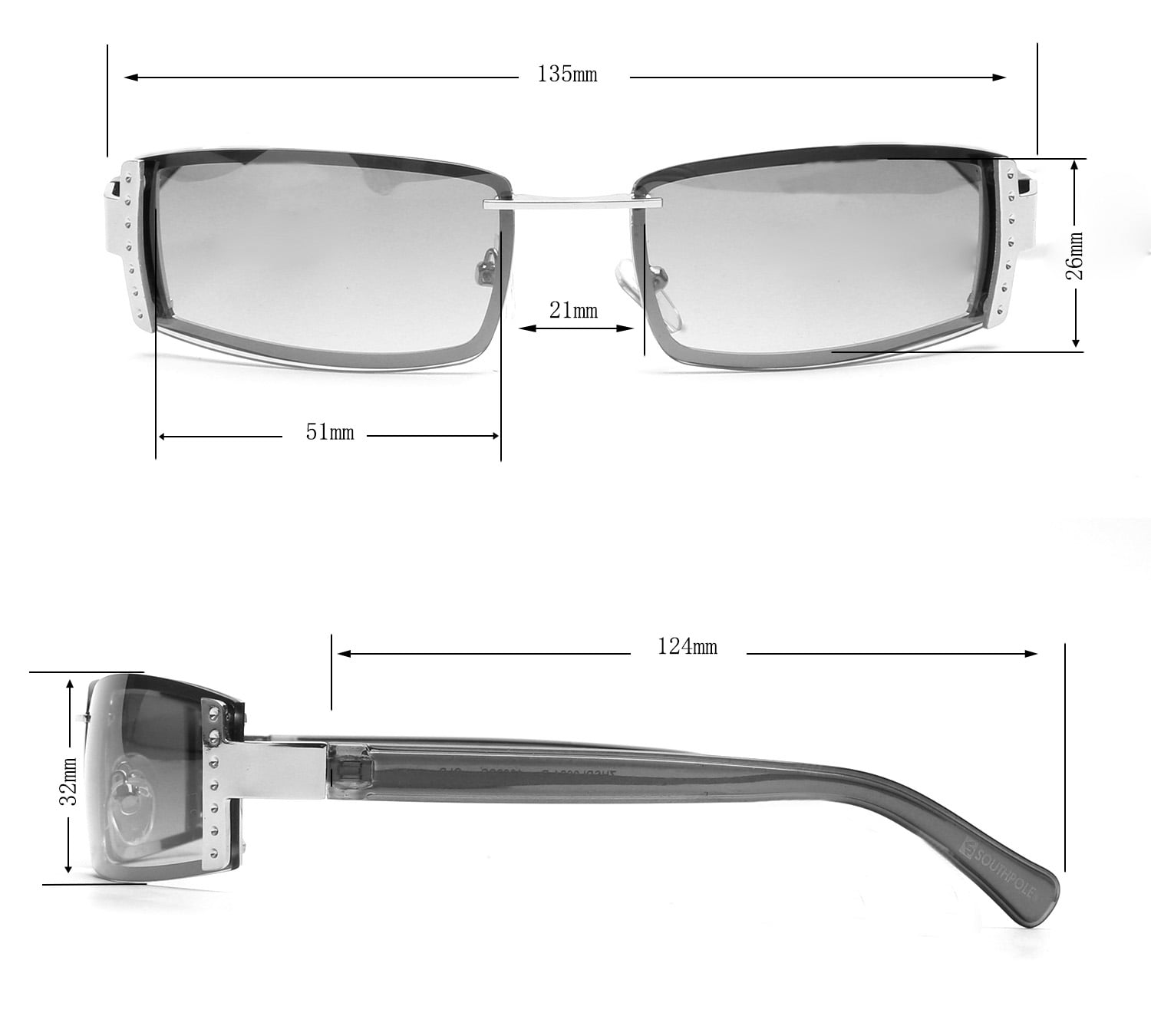 Southpole Women's 1022SP Slim Metal UV400 Protective Rectangular Fashion Sunglasses, 51mm