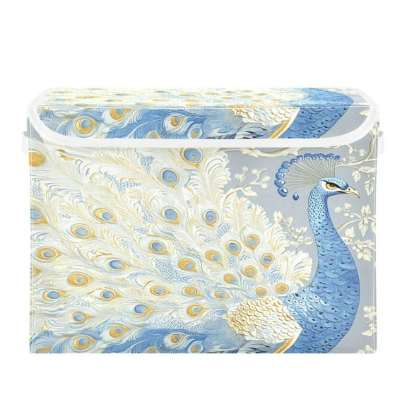 WOBOGO Pretty Blue Peacock Large Collapsible Storage Box Flip Lid Fabric Decorative Organizer Container Basket with Handles 16.5×12.6×11.8in