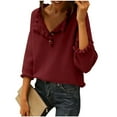 thumbnail image 2 of NTACZA Lapel Sweater Women 3/4 Sleeve V Neck Red Sweater Blouse Long Sleeve Ruffle Pullover Knit Tops Women's Jumpers S, 2 of 6