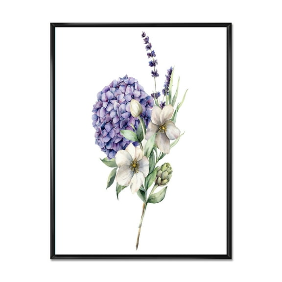 Bouquet Of Lavender Anemone Artichoke & Hydrangea 12 in x 20 in Framed Painting Canvas Art Print, by Designart