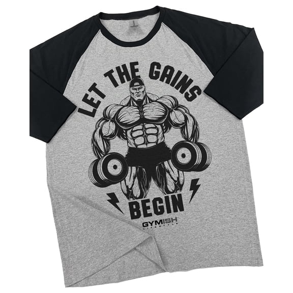 GYMISH RAGLAN Let The Gains Begin Workout Gym T-Shirt – Funny Gym Shirt for Men, Men's Fitness Tee, Bodybuilding & Weightlifting Apparel
