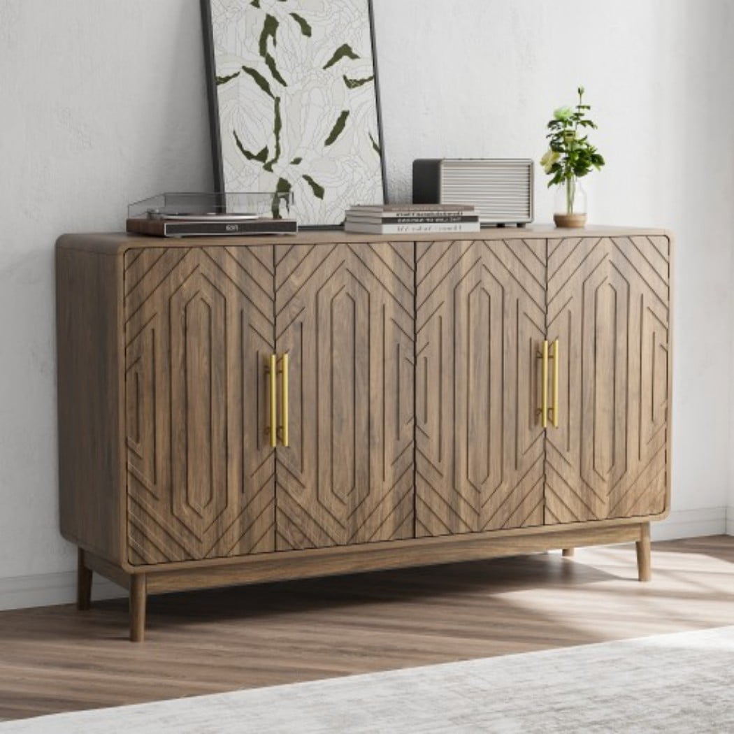 55.12" Modern Sideboard Cabinet, 4-Door Storage Buffet Cabinet with Adjustable Shelves, Curved Carved Doors & Gold Handles for Living Room, Dining Room & Entryway, Natural