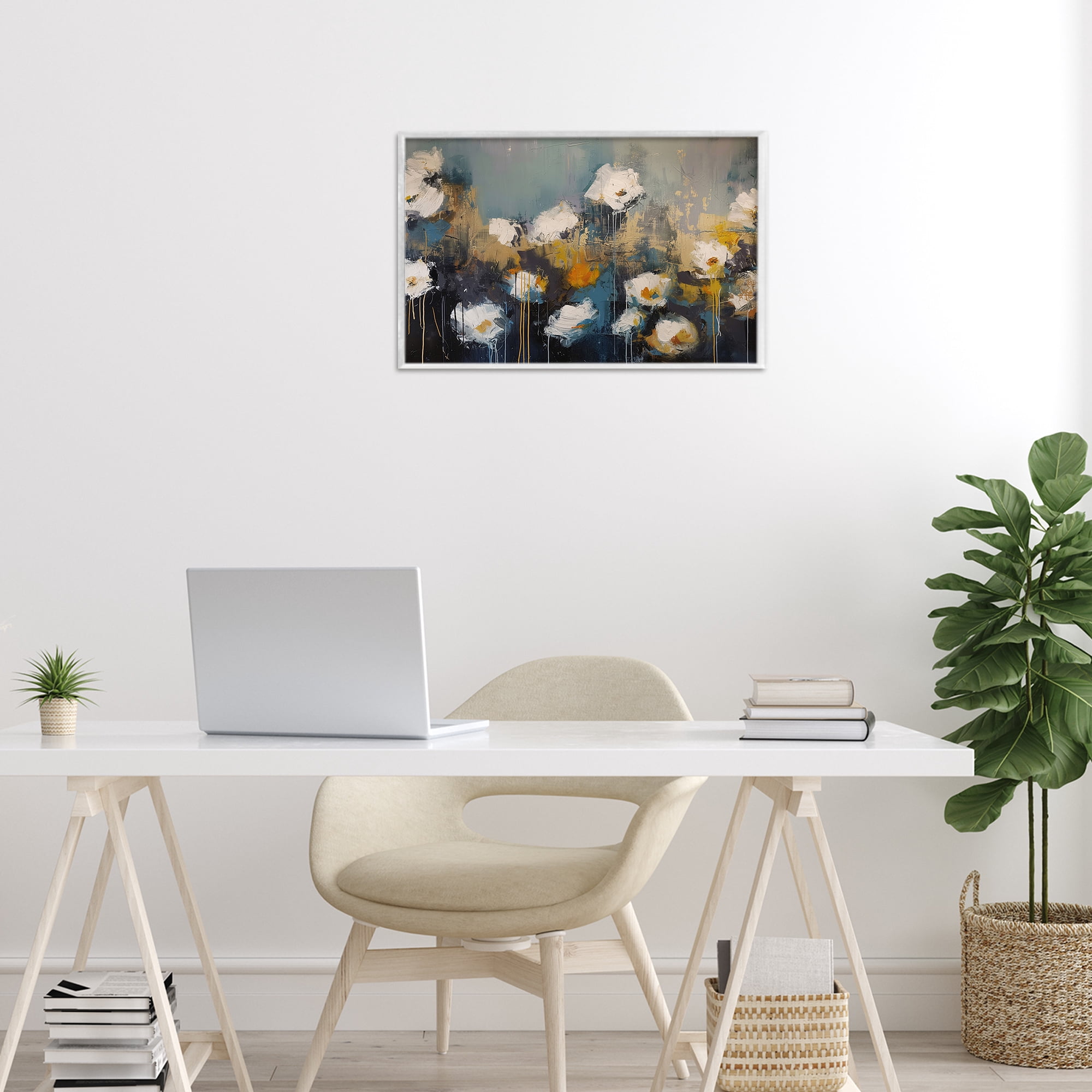 Stupell Industries Contemporary Paint Drip Blossoms White Framed Giclee Art, design by Jacky Ngan