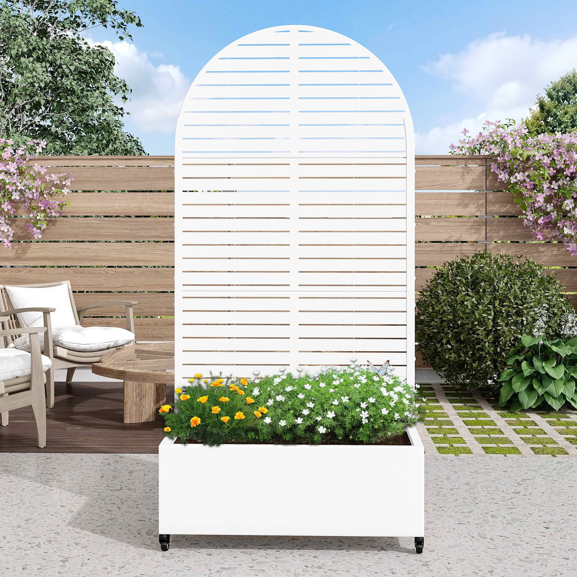 MAYEERTY 72x35x16 Inch White Metal Arched Planter Box with Trellis for Outdoor Garden & Patio