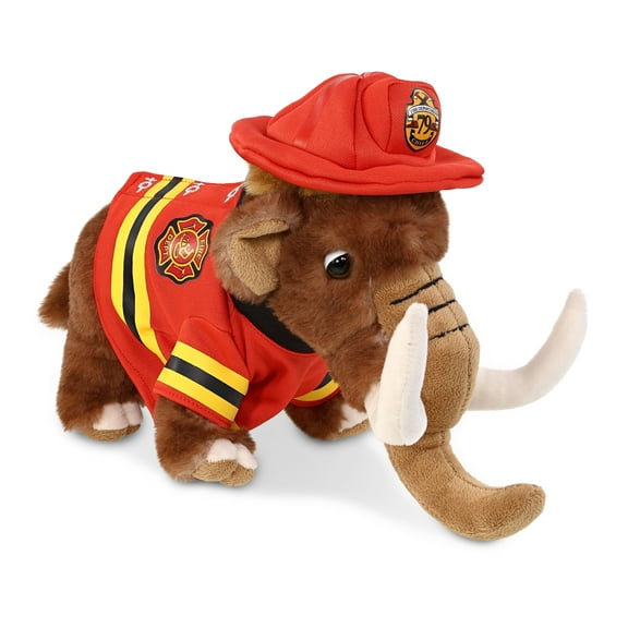 DolliBu Wild Wooly Mammoth Firefighter Stuffed Animal - Mammoth Fireman Toy with Red Fireman Costume Outfit and Fireman Hat, Cute Wild Life Stuffed Animal Fire Fighter Doll Plush Toy for Kids - 9 Inch