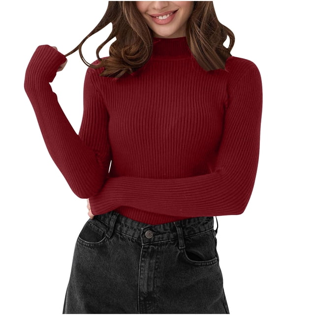 Long Sleeve Mock Neck Sweaters Women Basic Layers Slim-Fit Knit Sweater Classic Plain Pullover Fall Tops Wine, Free Size