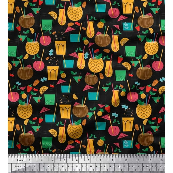 Soimoi Georgette Viscose Fabric Straw,Glass & Coconut Drink Summer Designs Print Sewing Fabric Yard 42 Inch Wide
