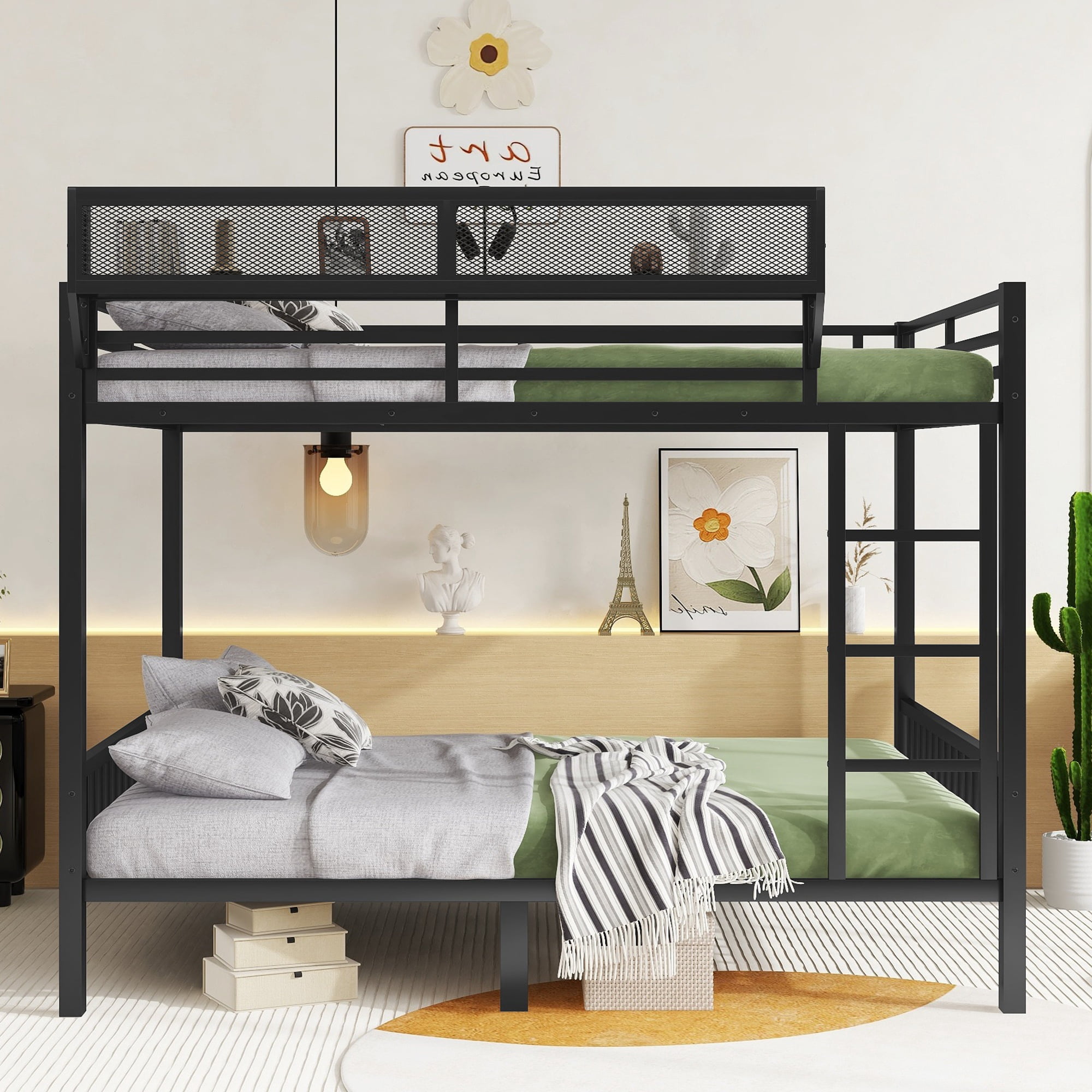 HOQBN Bunk Bed Queen over Queen,Heavy Duty Metal Bunk Bed Frame with Storage Shelf and Ladder,Black