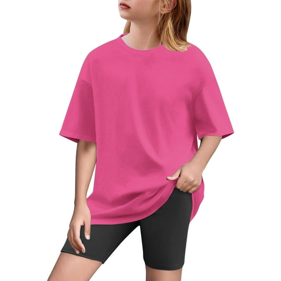 Cethrio Girls Outfit Sets Size 7-8 T, Summer 2 Piece Casual T-Shirts & Bike Shorts Sets Hot Pink