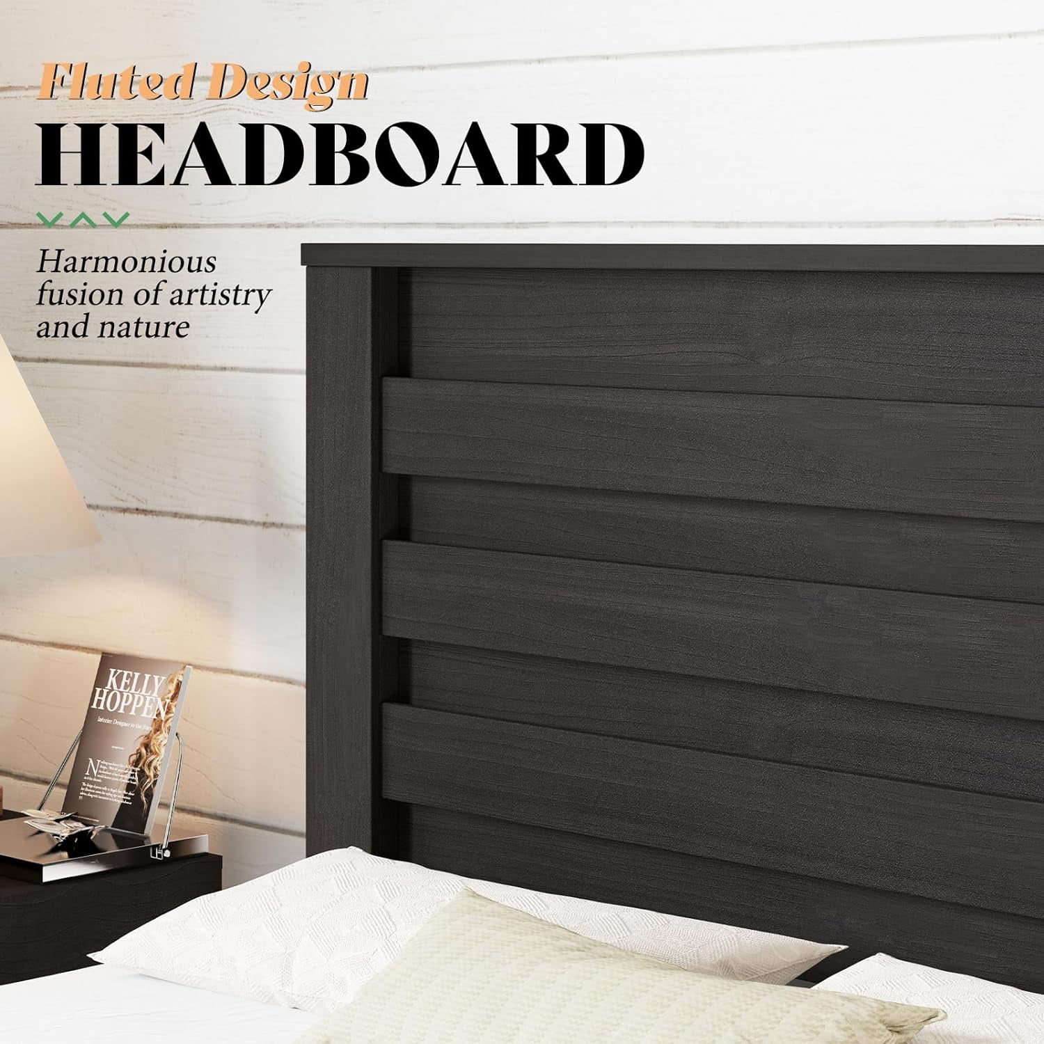 LUXOAK King Size Bed Frame with Natural Wood Platform, 49" Fluted Headboard, Black