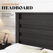 Papajet 49 H King Size Bed Frame with Headboard, Farmhouse Platform and Natural Wood Grain, Black