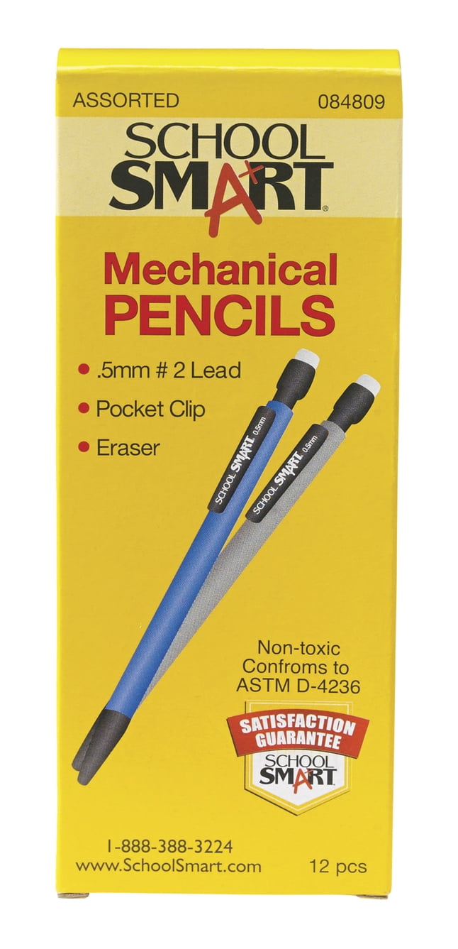 School Smart Mechanical Pencils with Erasers, 0.5 mm Tip, No 2 Lead, Assorted Colors, Pack of 12