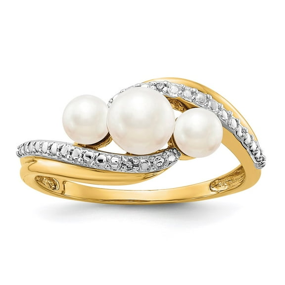 Real 14kt Yellow Gold Diamond and FW Cultured 3-Pearl Bypass Ring Size: 7; for Adults and Teens; for Women and Men