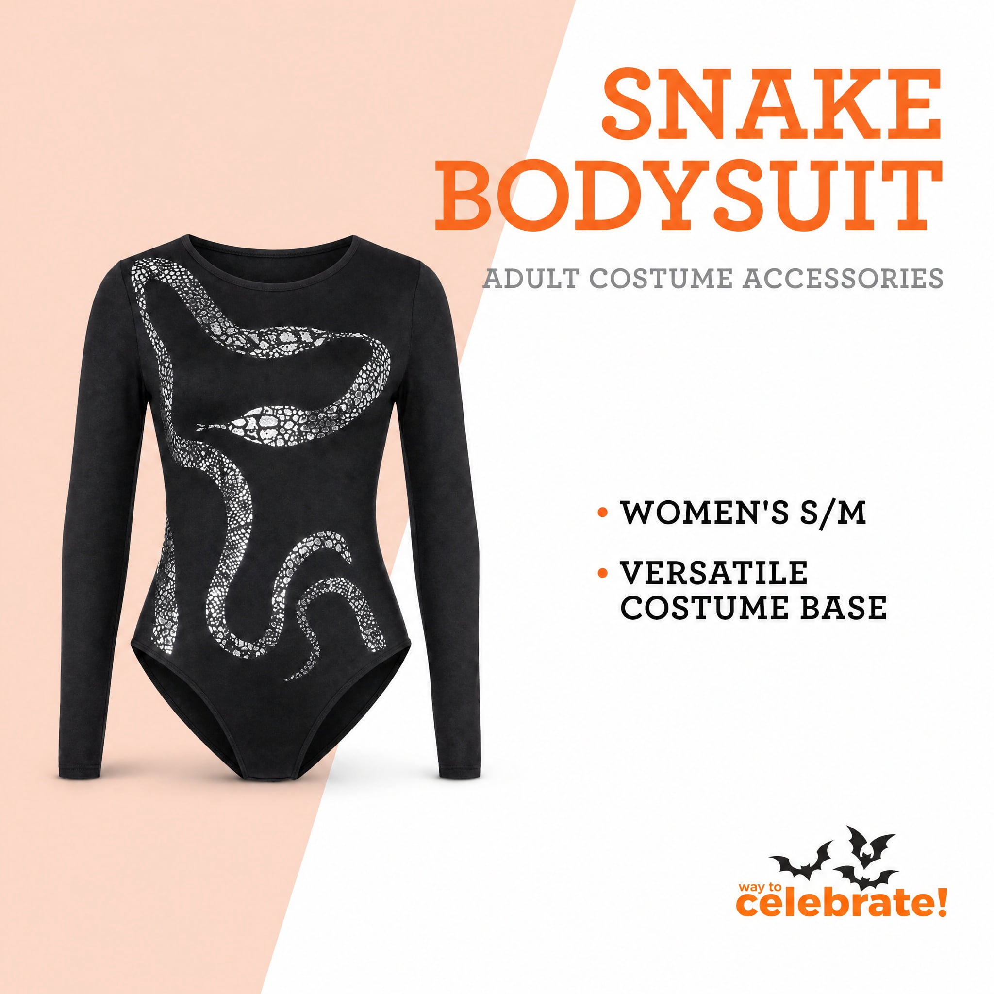 Snake Bodysuit Costume Accessory for Adults, Black and Silver, S/M, Halloween by Way To Celebrate