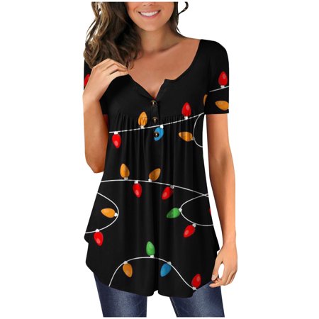 

Plus Size Tops for Women Crop Tops Women s Leisure Christmas Holiday Top V-neck Short Sleeve T-shirt Lovely Tunic Tops T Shirts for Women Valentines Day Shirts Women Clearance on Sales Black S